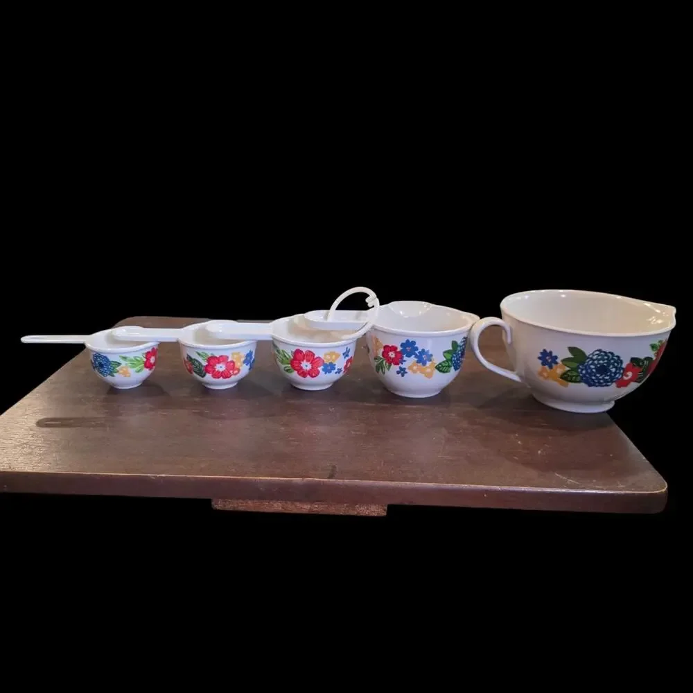 Pioneer Woman Floral Melamine Measuring Cup Set 5 Pc 1 Cup 1/2 1/3 1/4 & 2...